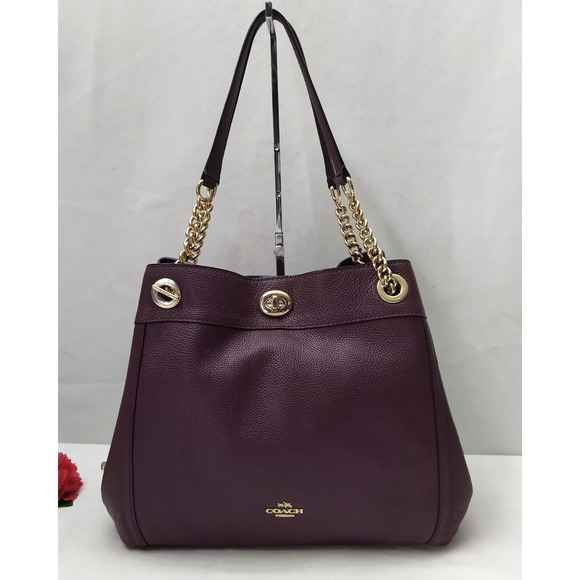 Coach Edie Purple Pebbled Leather Turnlock Chain Strap Shoulder Bag - Picture 1 of 16